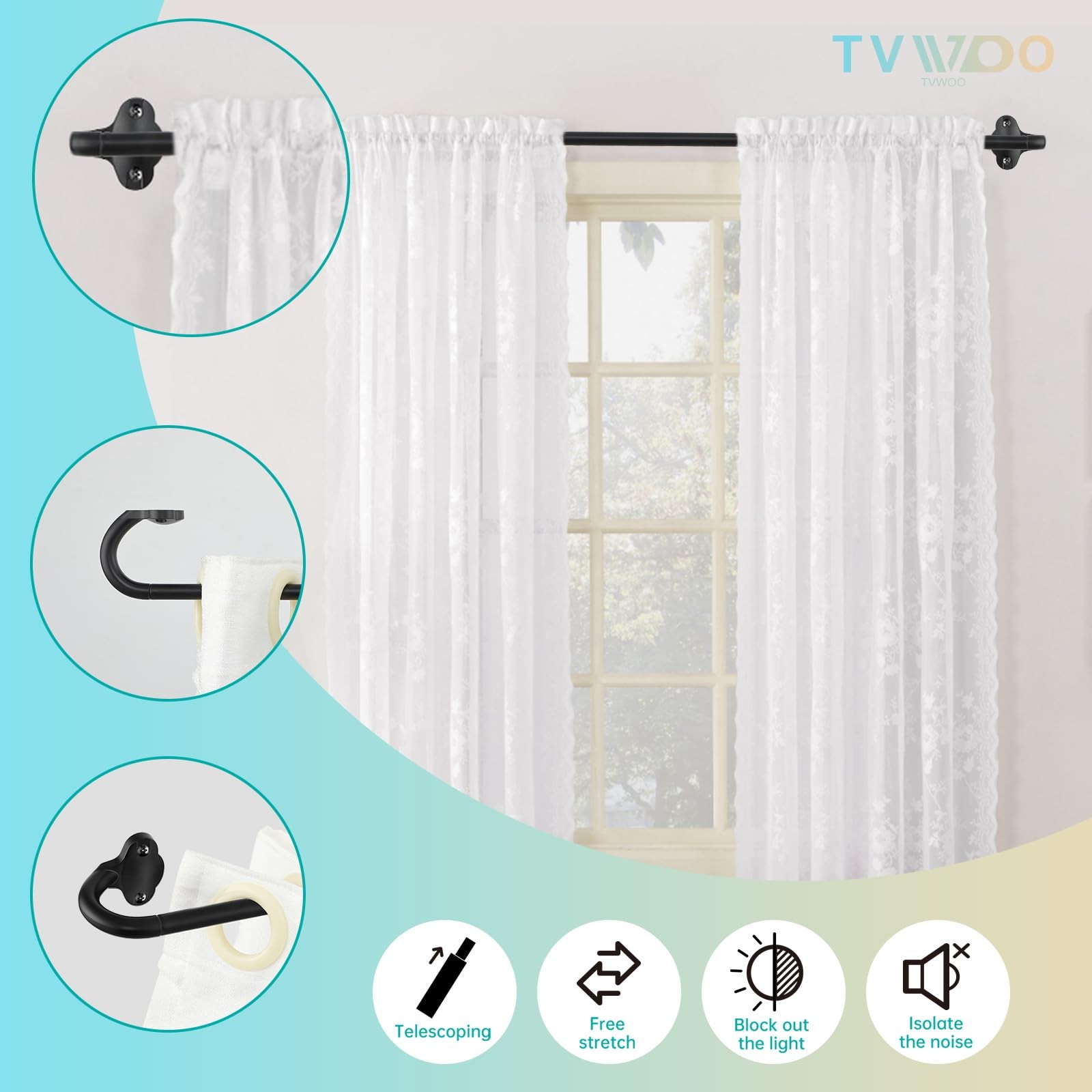 TVWOO Wrap Around Curtain Rods,Black 28-48″ ( 1pack ), Matte Black
