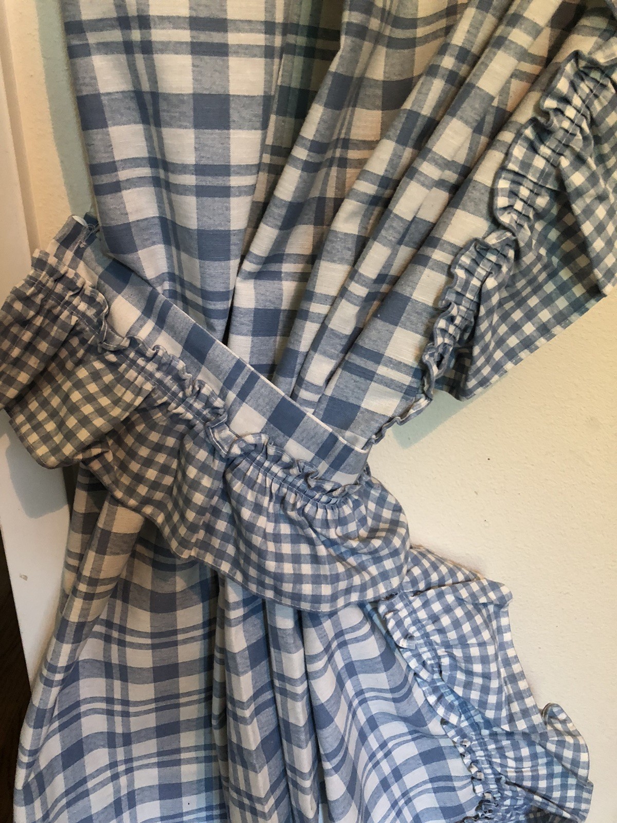 Cottagecore Set Of Curtains Blue White Plaid Ruffled Tab Top Each 80”L x 46”W