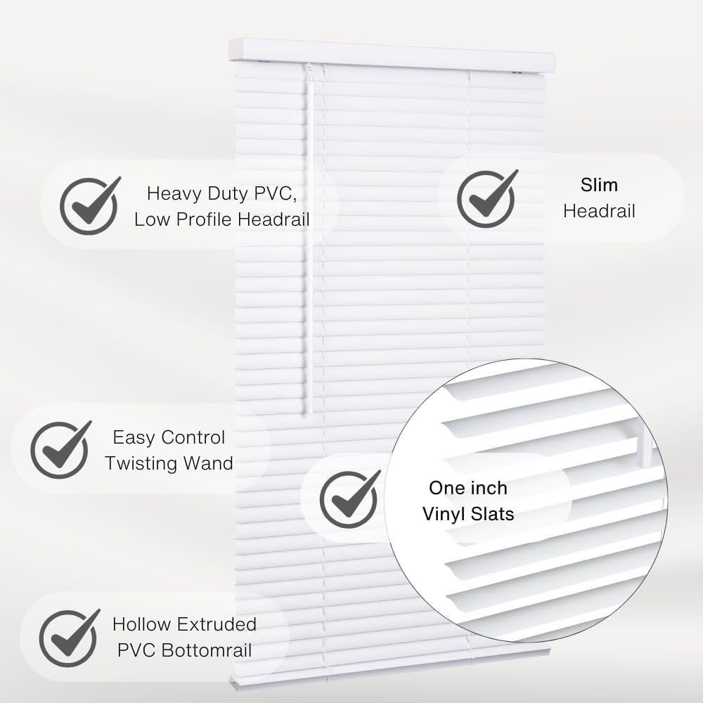 Cordless Mini Blind, 1″ Vinyl Slats, 48″ Wide x 48″ Long – White, Window Blin…