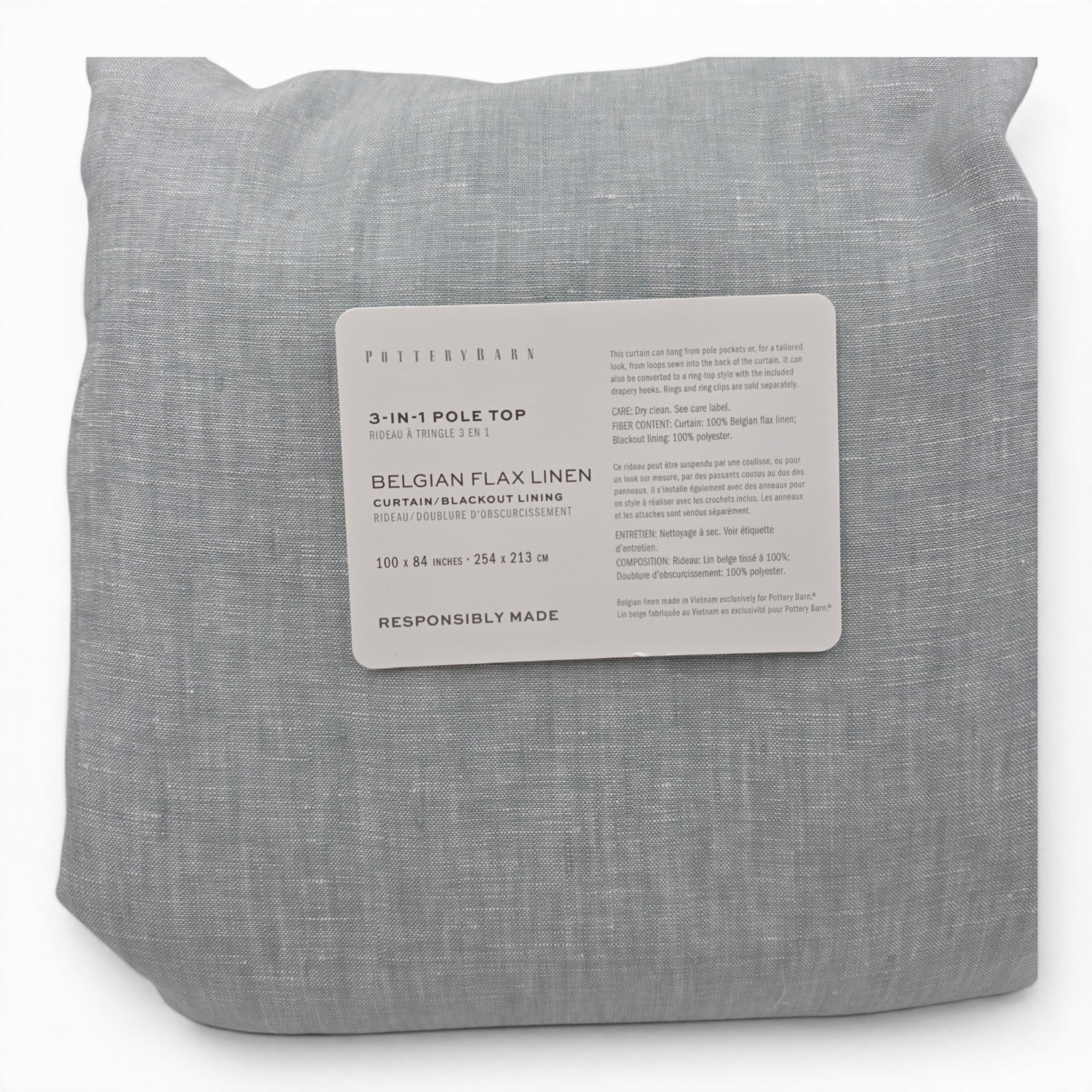 Pottery Barn Belgian Flax Linen Blackout Curtain Panel 100×84 Mineral Blue New