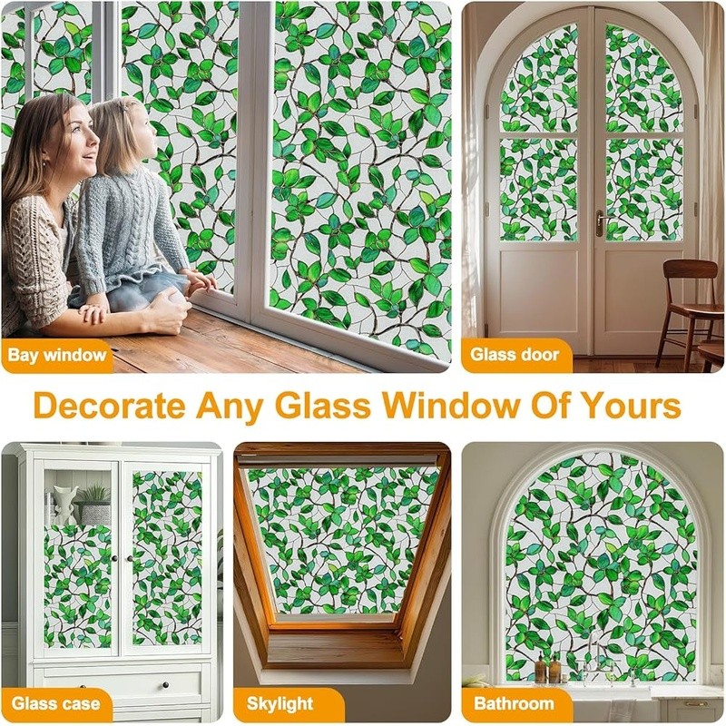 Decorative Window Film Privacy Leaf Pattern Easy Install Removable Static Cling