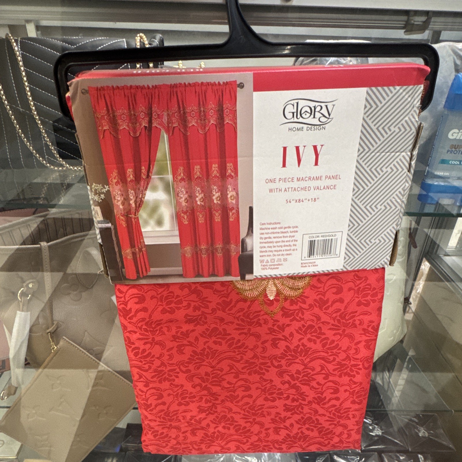Glory Home Design IVY Rod Pocket Embroidered Panel w/Valance 54×84+18 Red/Gold