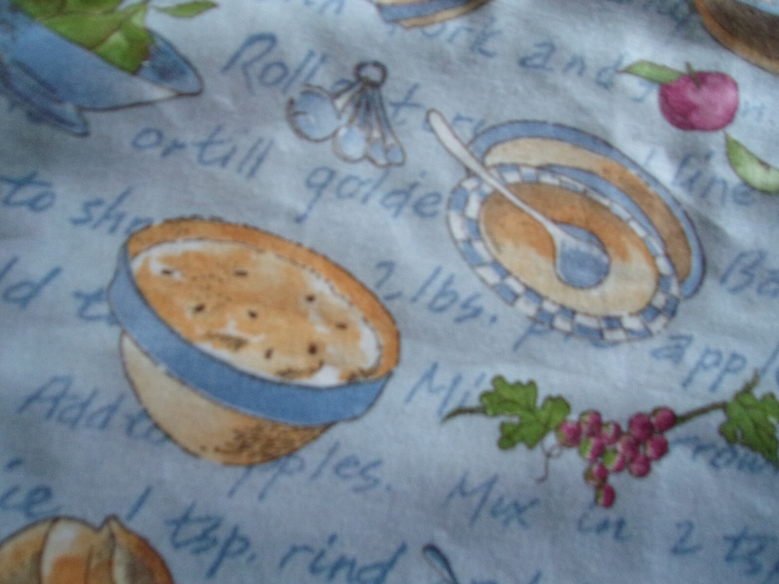 wide kitchen valance-70″; adorable food print on light blue. cotton blend.