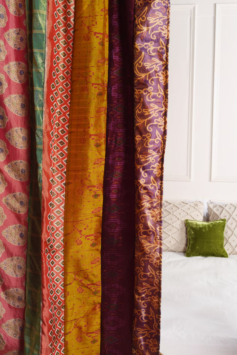 2 Pcs Indian Sari Patchwork Curtain Drape Window Decor Multi Silk Sari Curtain
