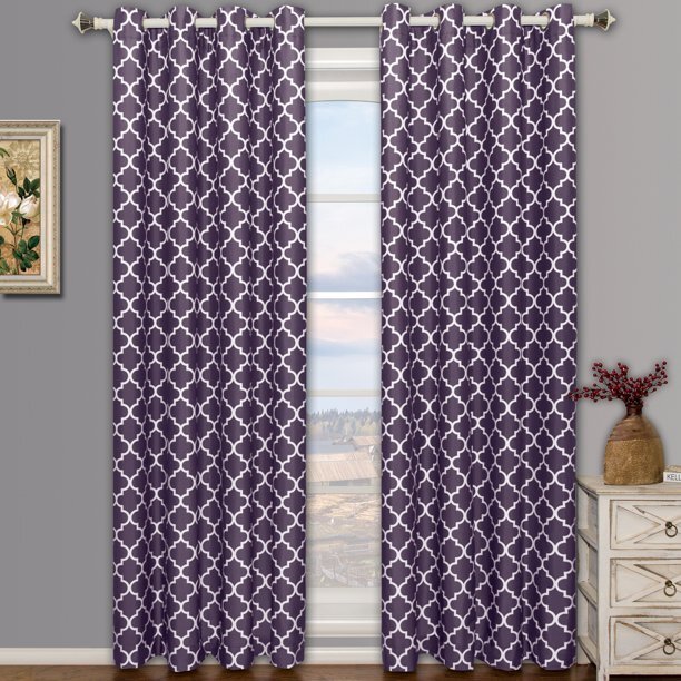 Set 2 Purple White Geo Lattice Curtains Panels Drapes 63 84 96 108 in Darkening