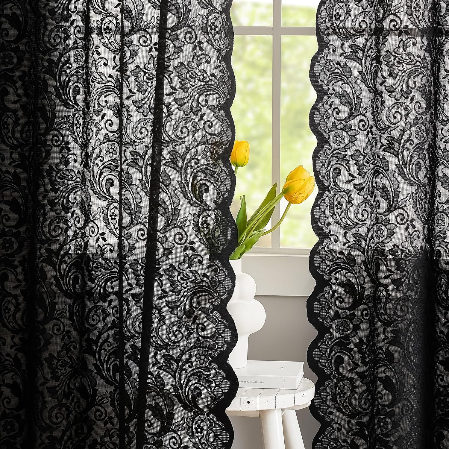 Black Lace Curtains Short 54 Inch Length – Gothic Sheer Dark Floral