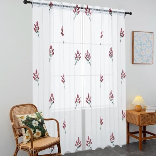 Floral Sheer Curtains Embroidered Lavender 52″W x 63″L (Pack of 2) Burgundy