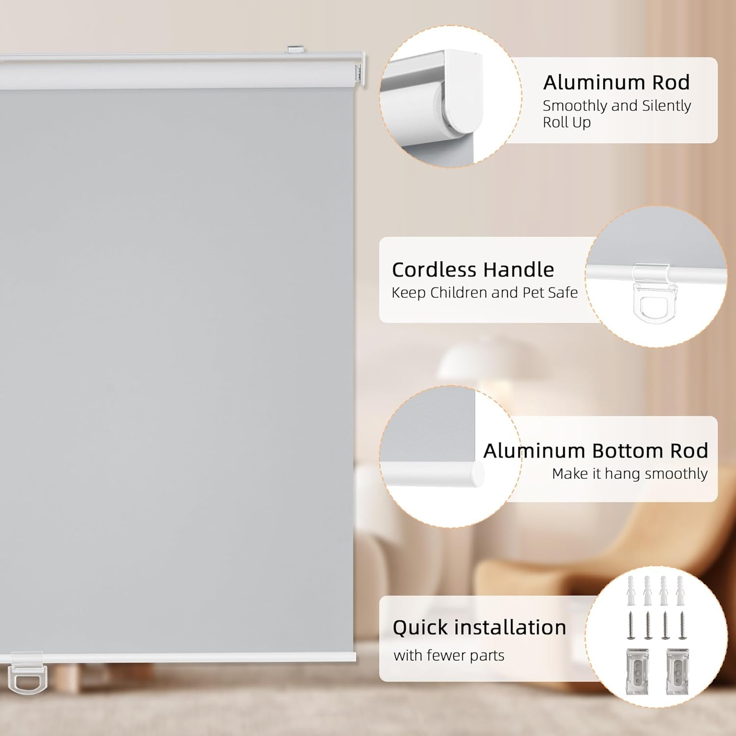 Cordless Blackout Roller Shades, Thermal Insulated, 56″x72″, Grey