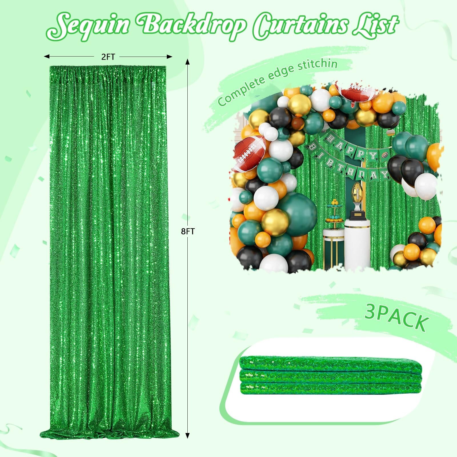 Sequin Curtains Christmas Backdrop 3 Panels Sequin Fabric 2FTx8FT Green Photo…