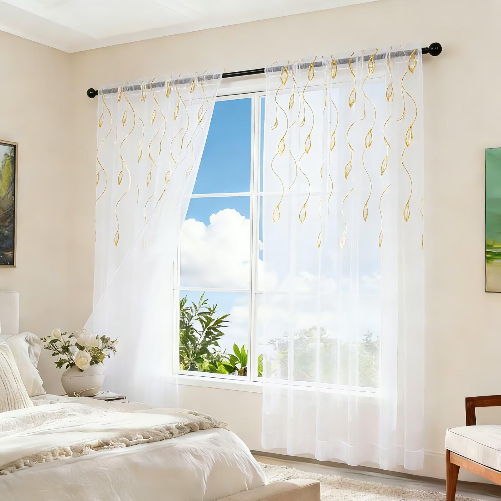 Gold Foil Print Sheer Curtains, 2 Panels Wicker Bronzing Treatment Sheer Curt…