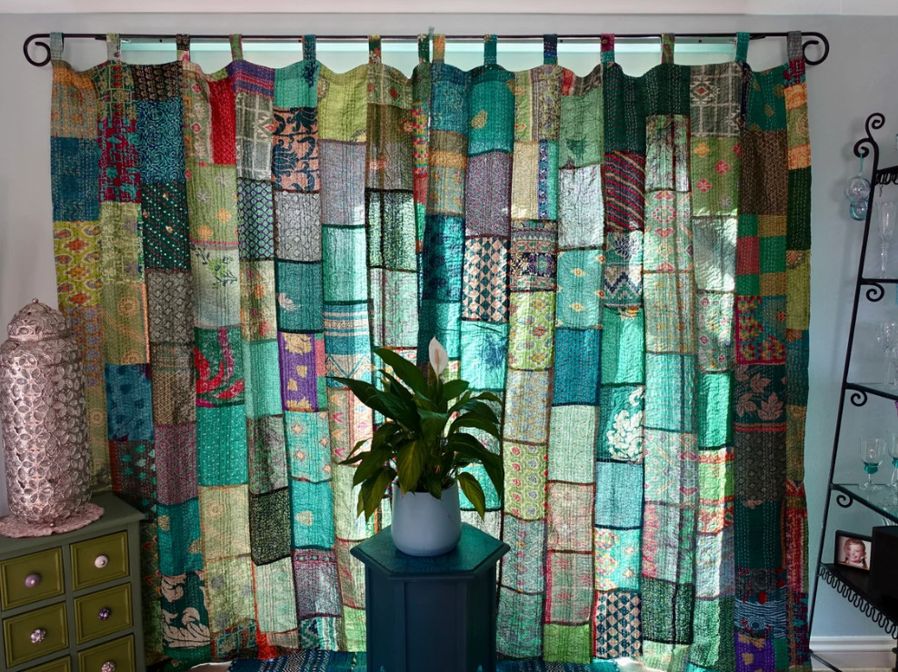 2 Pc of Indian Vintage Silk Kantha Quilt Recycled Curtain Drap Window Curtain