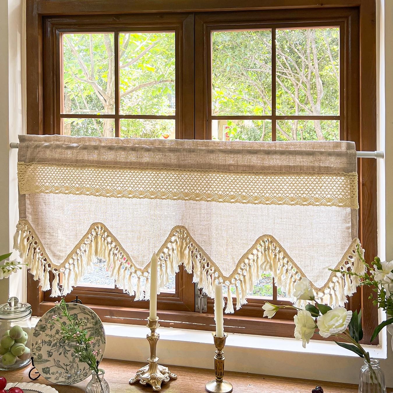 Boho Crochet Lace Valances for Windows Kitchen Macrame Linen Sheer Valances w…