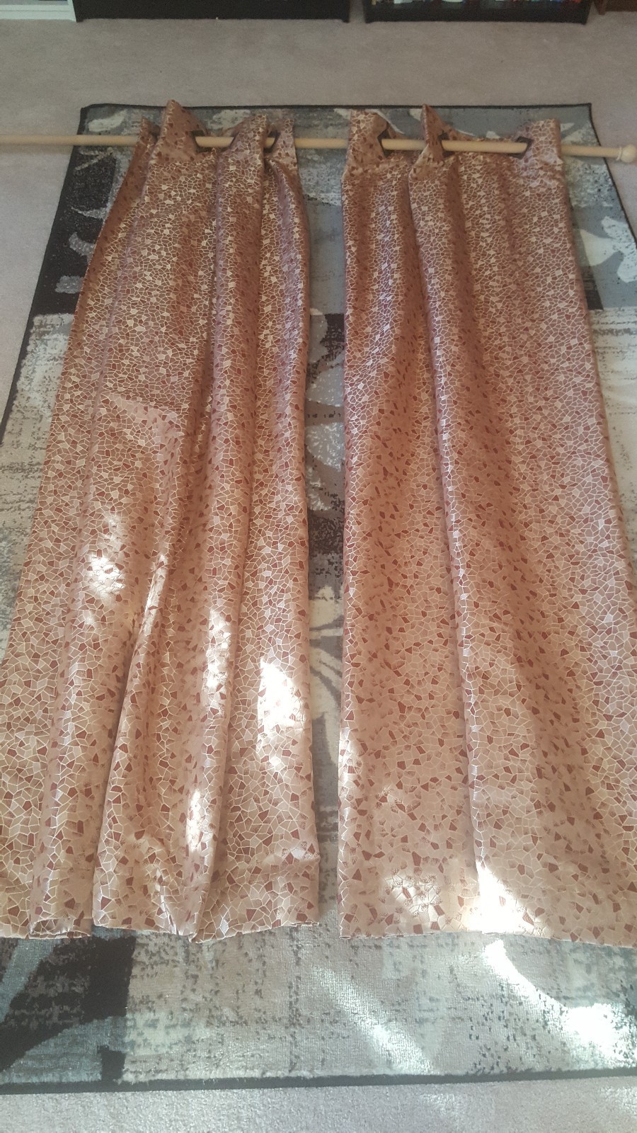 2 x Custom Made Drapes Curtains Geometric Gold Red 4 Panels 49.5″ x 85″