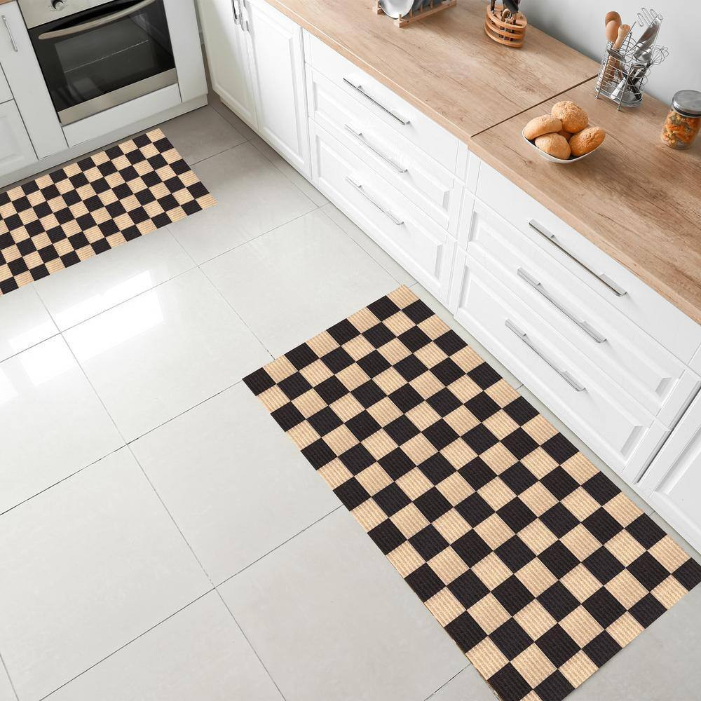 Heavey Duty Checkered Black and Beige 31 In. W X 26 Ft. L Indoor/Outdoor Runner