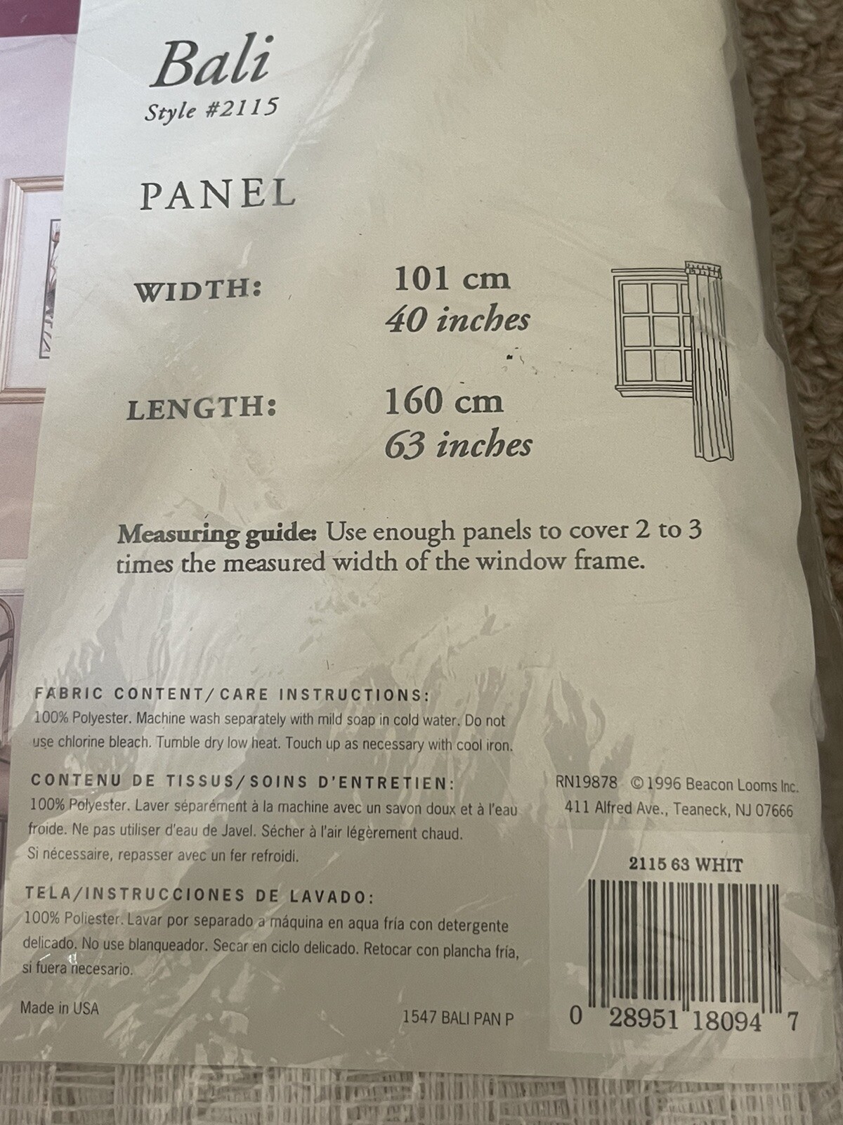 NEW VTG Beacon Looms Bali 40”x63” Panel White Curtain USA Style 2115