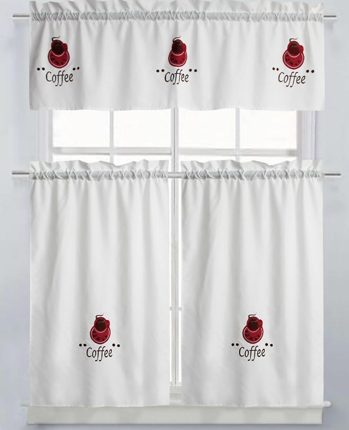 Embroidered Kitchen Window Curtains Set:2 Tiers & Valance(56×15″) COFFEE TIME,RH