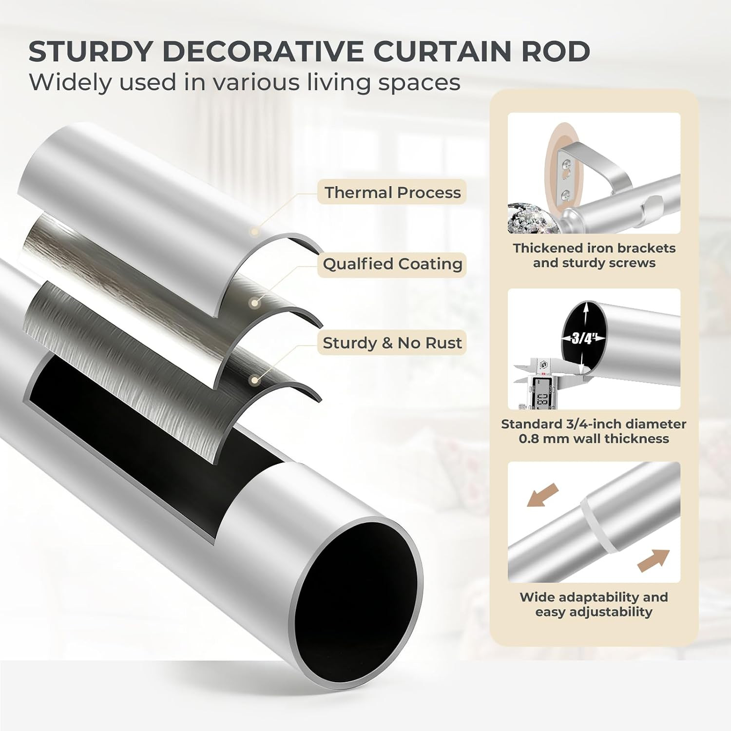 Silver Decorative Crystal Curtain Rods:18-45 Inch Heavy Duty Adjustable Window C