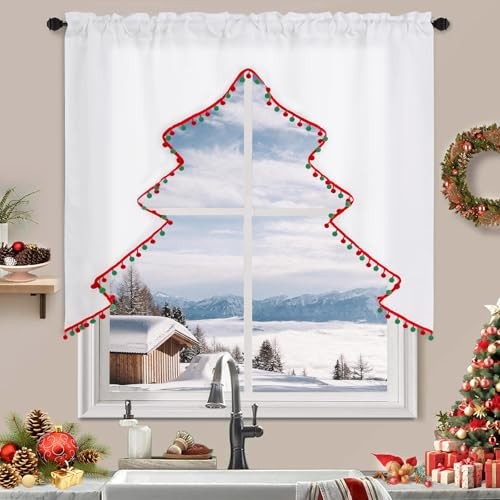 Christmas Tree Valance with Red and Green Pompom 52″W x 36″L (Pack of 1) White