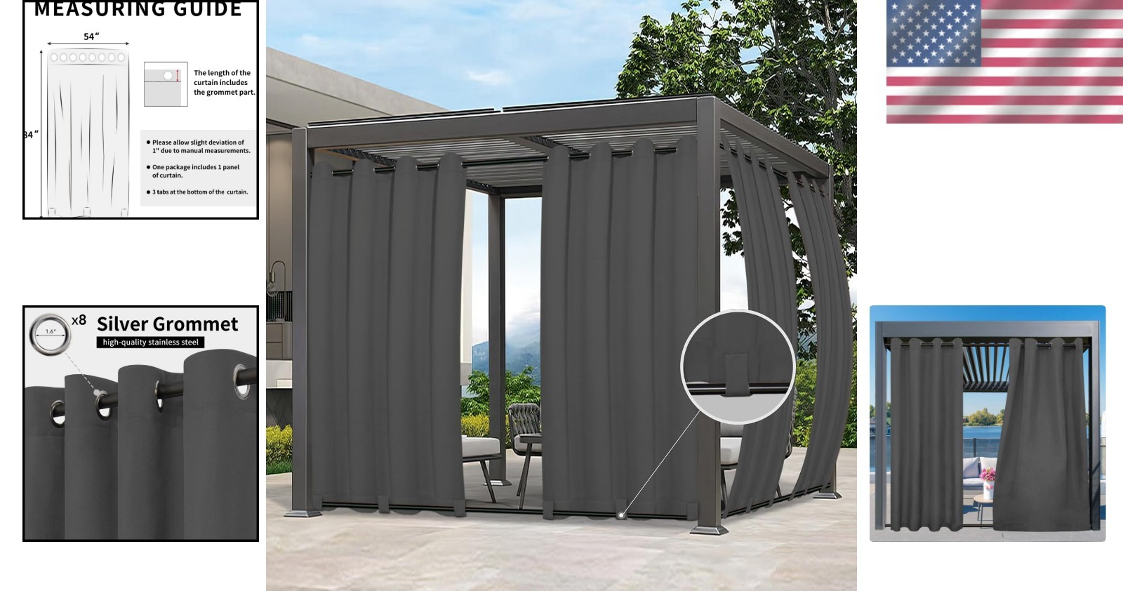 54×84 Inch Windproof Curtains for Patio & Gazebo, Grey Waterproof Design