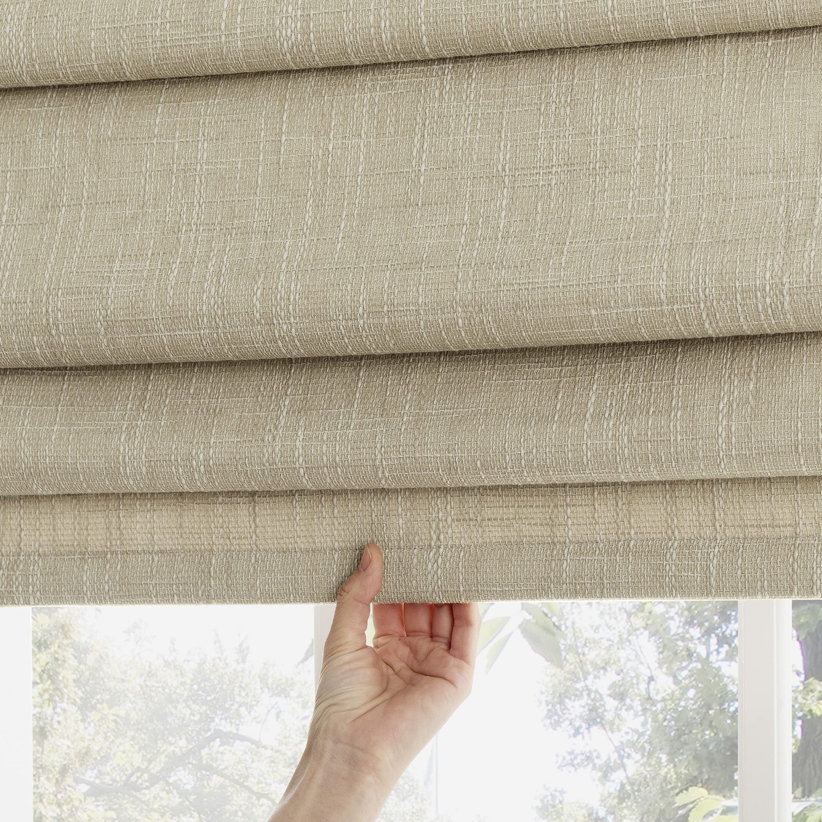 Sun Zero Preble Textured Total Blackout Cordless Roman Shade, 31″ x 64″, Beige