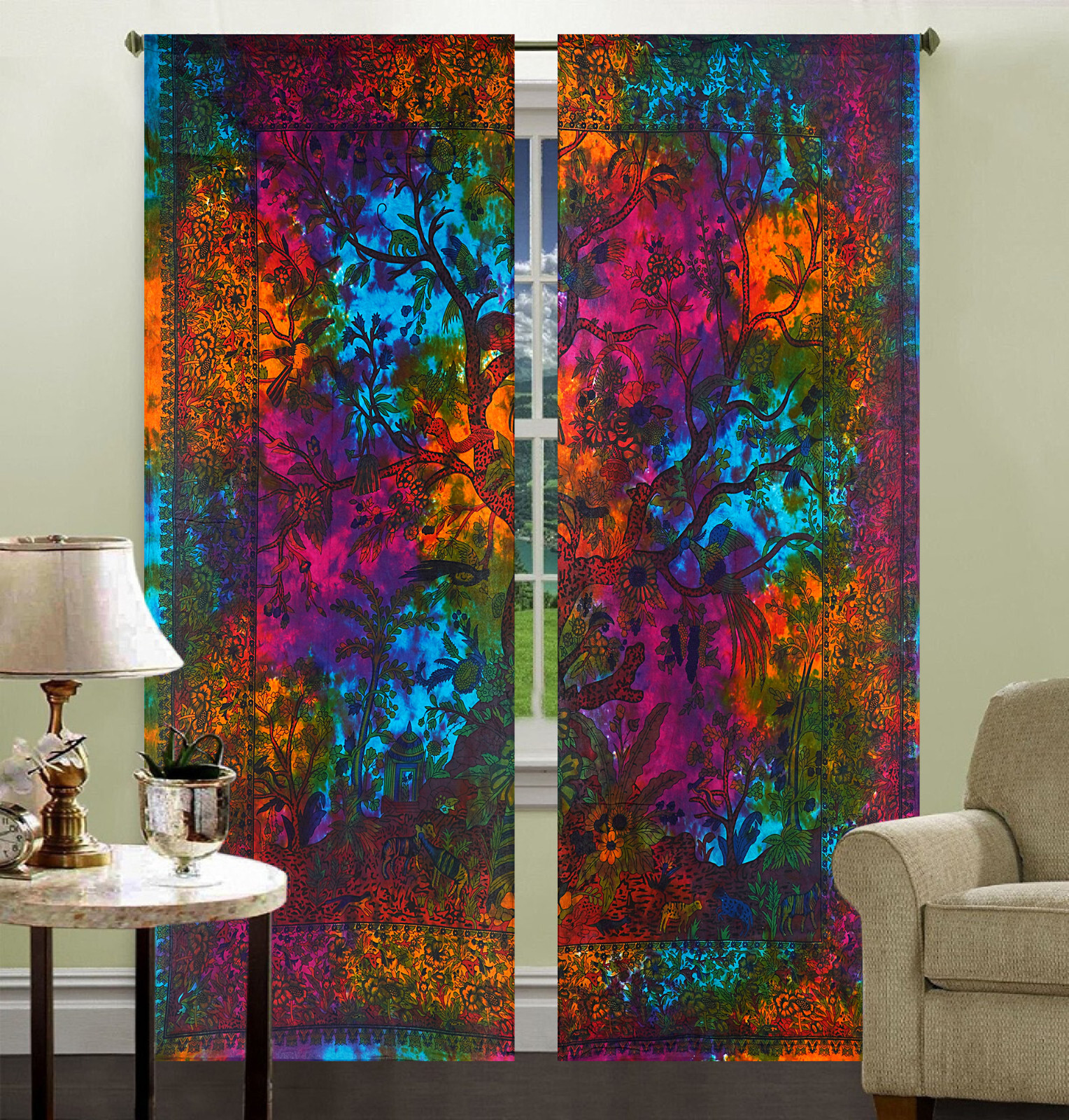 Tree of Life WallHanging Multi Color Door WIndow Curtin Drape Valance Indian Art