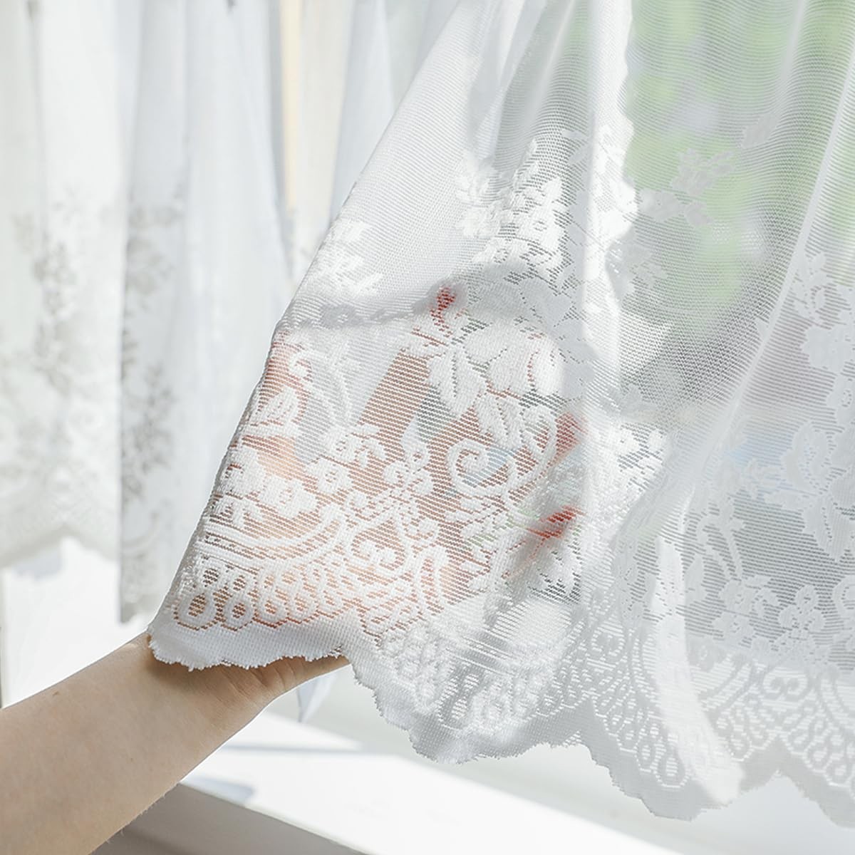White Lace Window Valance Semi Sheer Floral Curtain for Kitchen Bathroom