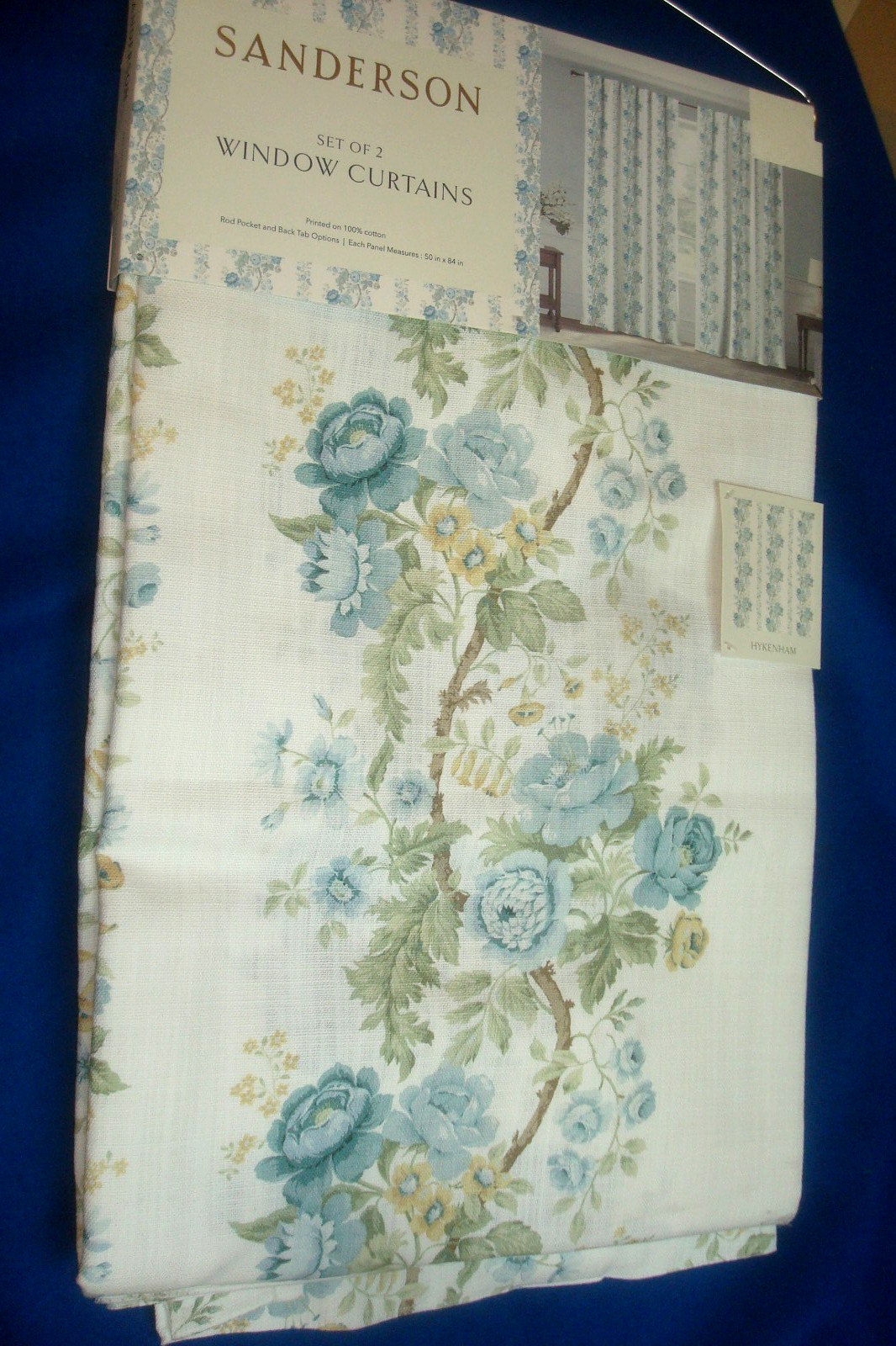 NWT Sanderson 2 pc Window Curtain Panels Hykenham Floral Aqua Blue Cotton 84″ lg