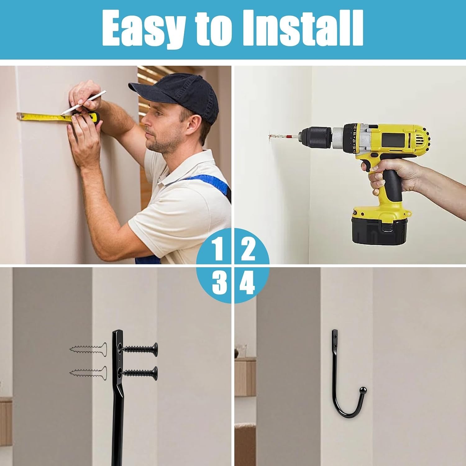 4-Pack Curtain Holdbacks – Screw-In Curtain Tiebacks – Black Wall Mounted Hooks