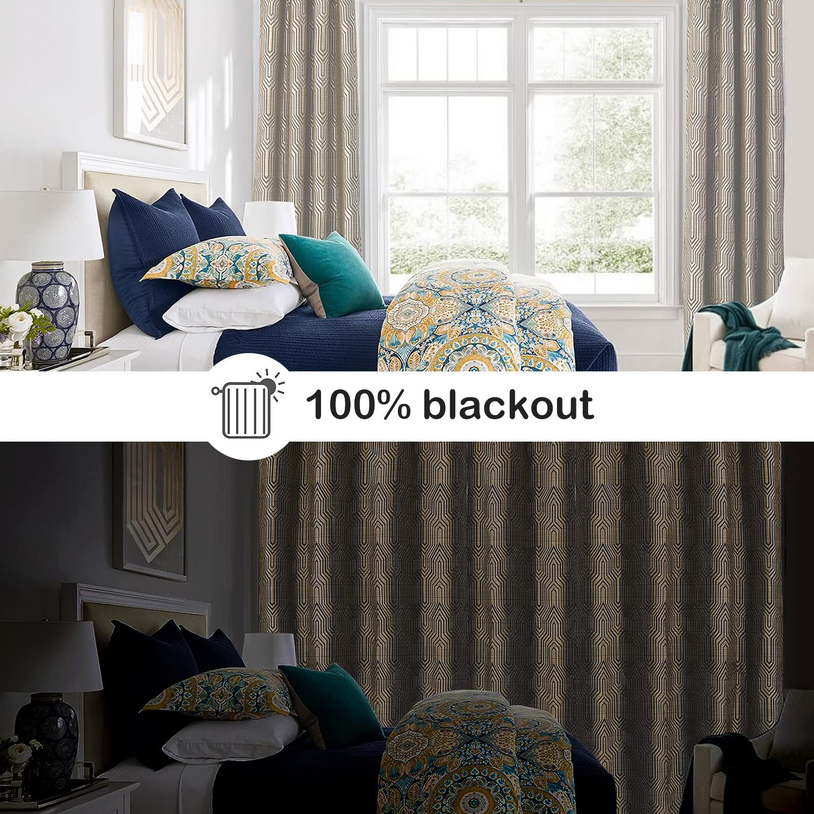 Drapexpert Light Brown And Silvery 100 Blackout Jacquard Geometric Pattern