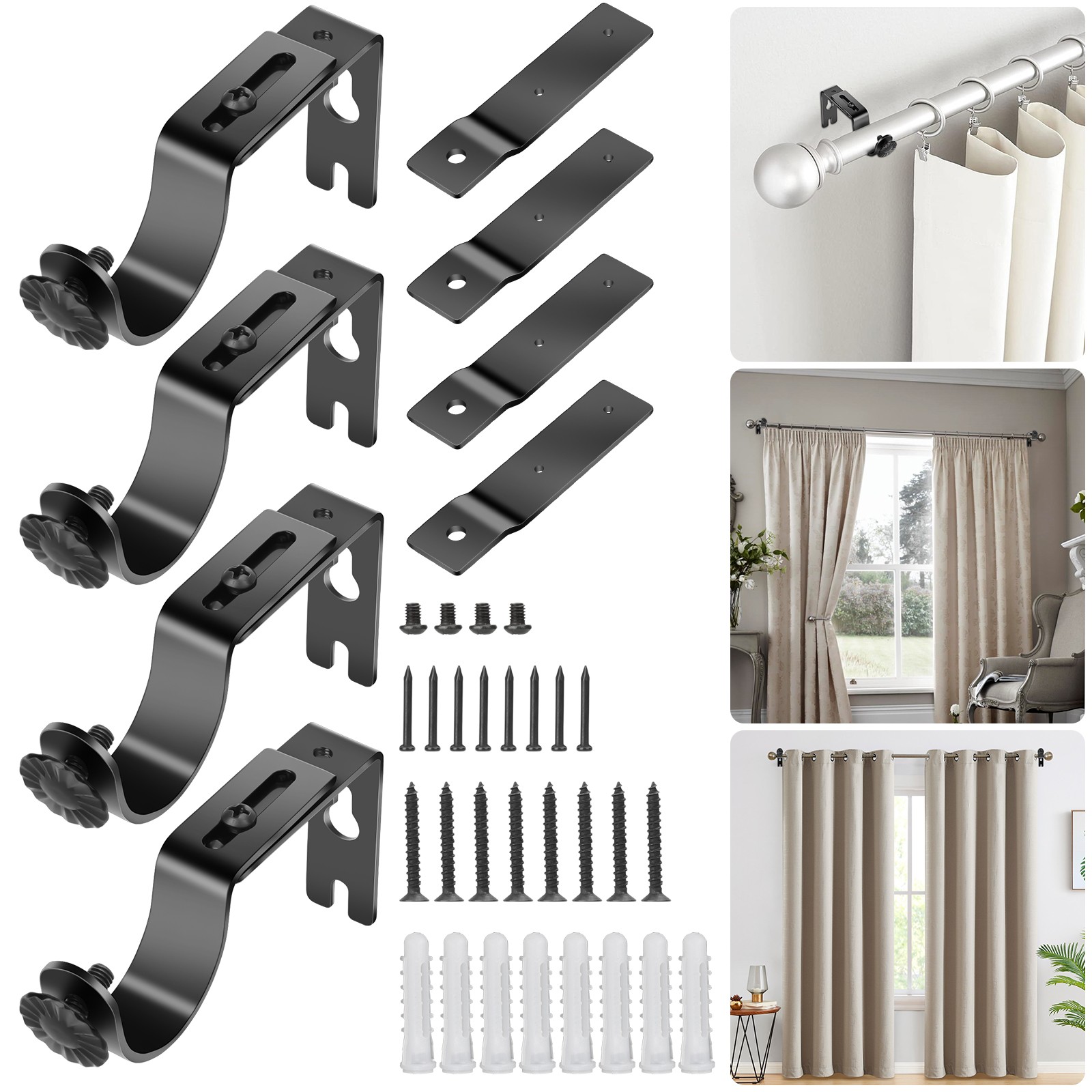 4×Heavy Duty Curtain Rod Brackets Adjustable Iron Wall Mount Hooks Window Holder