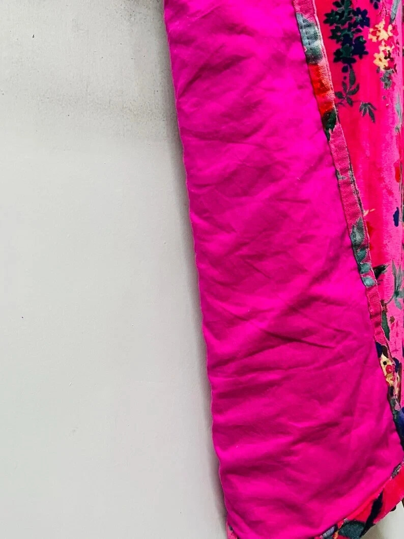 Vintage Cotton Velvet Hot Pink Bird Print Luxury Curtain, Boho Curtain Drapes