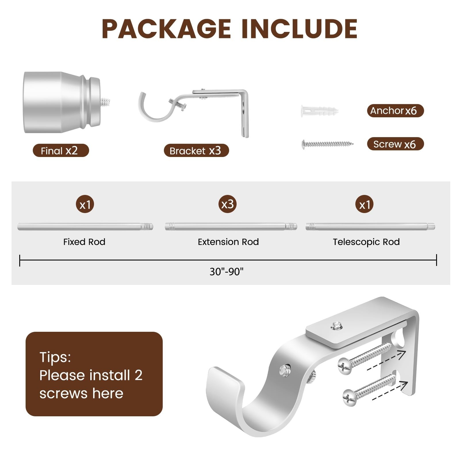 1” Diameter Silver Curtain Rods Itself is 30 to 90 inch, 1 Pack Fit 30-84