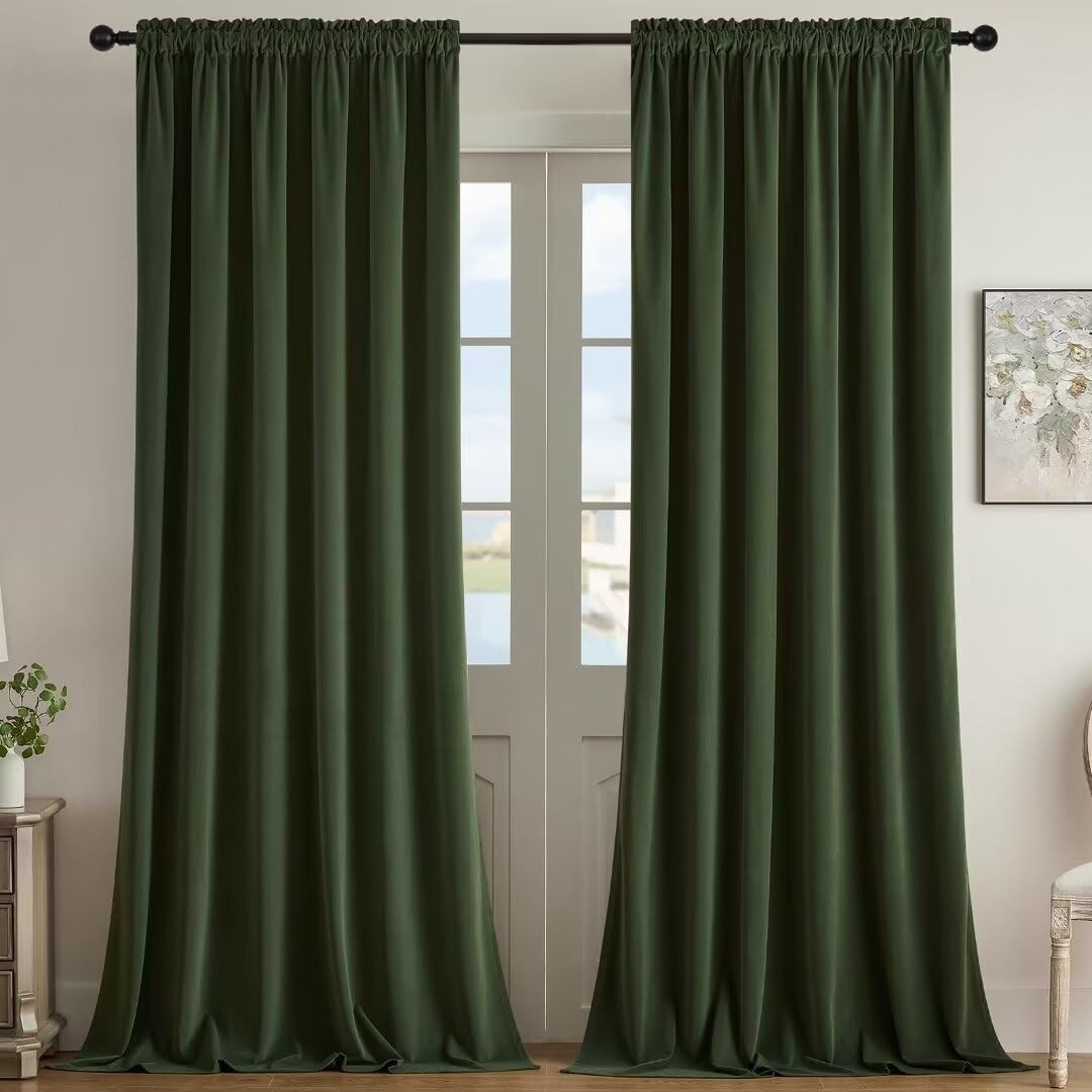 Dark Olive Velvet Curtains 120 inch Length 2 Panels, Luxury Blackout Rod Pocket