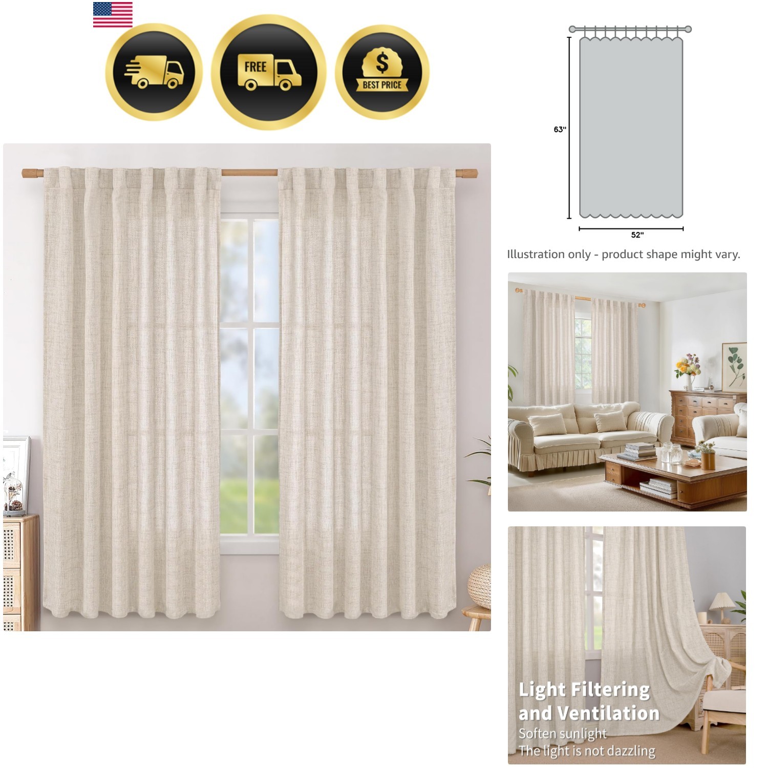Linen Curtains 63 Inch Length 2 Panels for Living Room – Semi Sheer Drapes Li…
