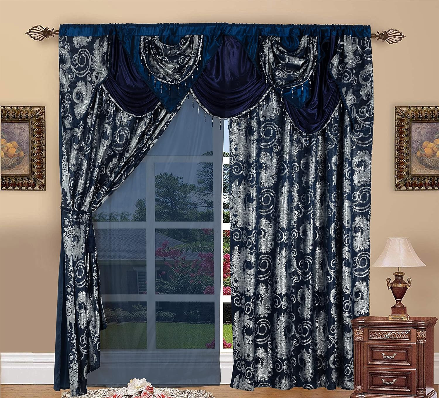 Jacquard Luxury Window 2 Panel Set Navy Curtain With Attached Valance And