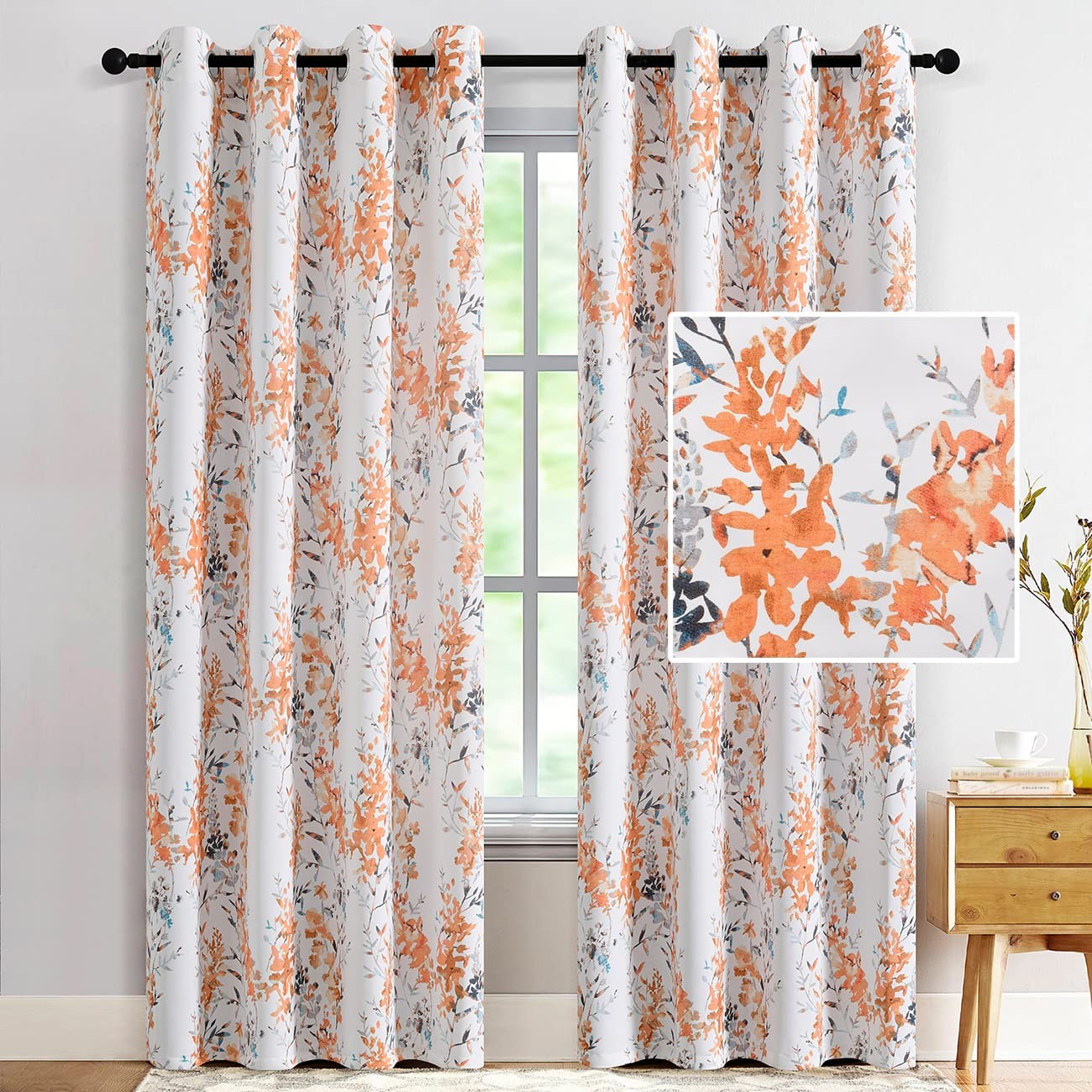 White Darkening Curtains, Orange Branch Leaf, 52×63 Inch, 2 Panels