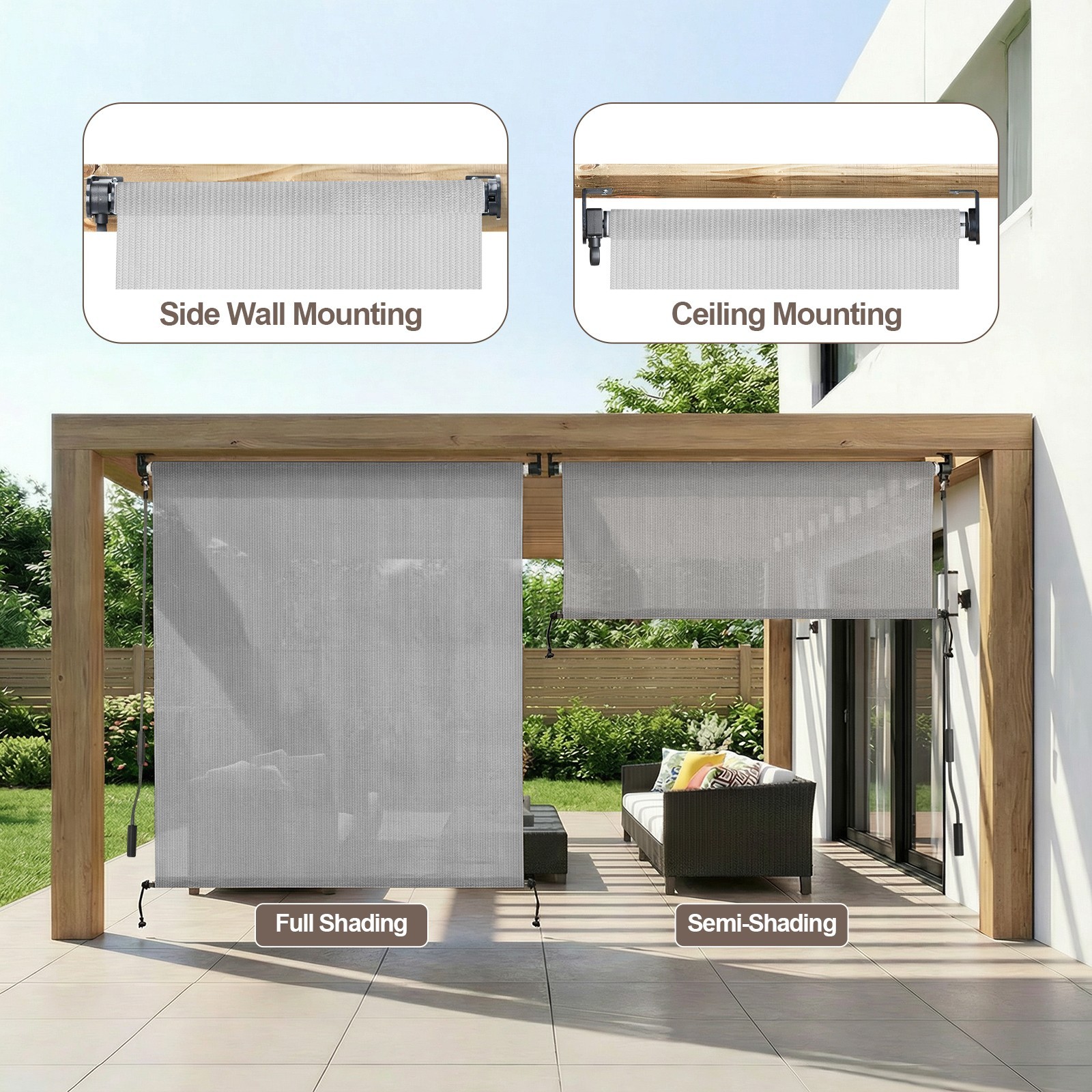 Patio Roller Shade HDPE Fabric Outdoor Cordless Roll Up Shade for Porch Gray