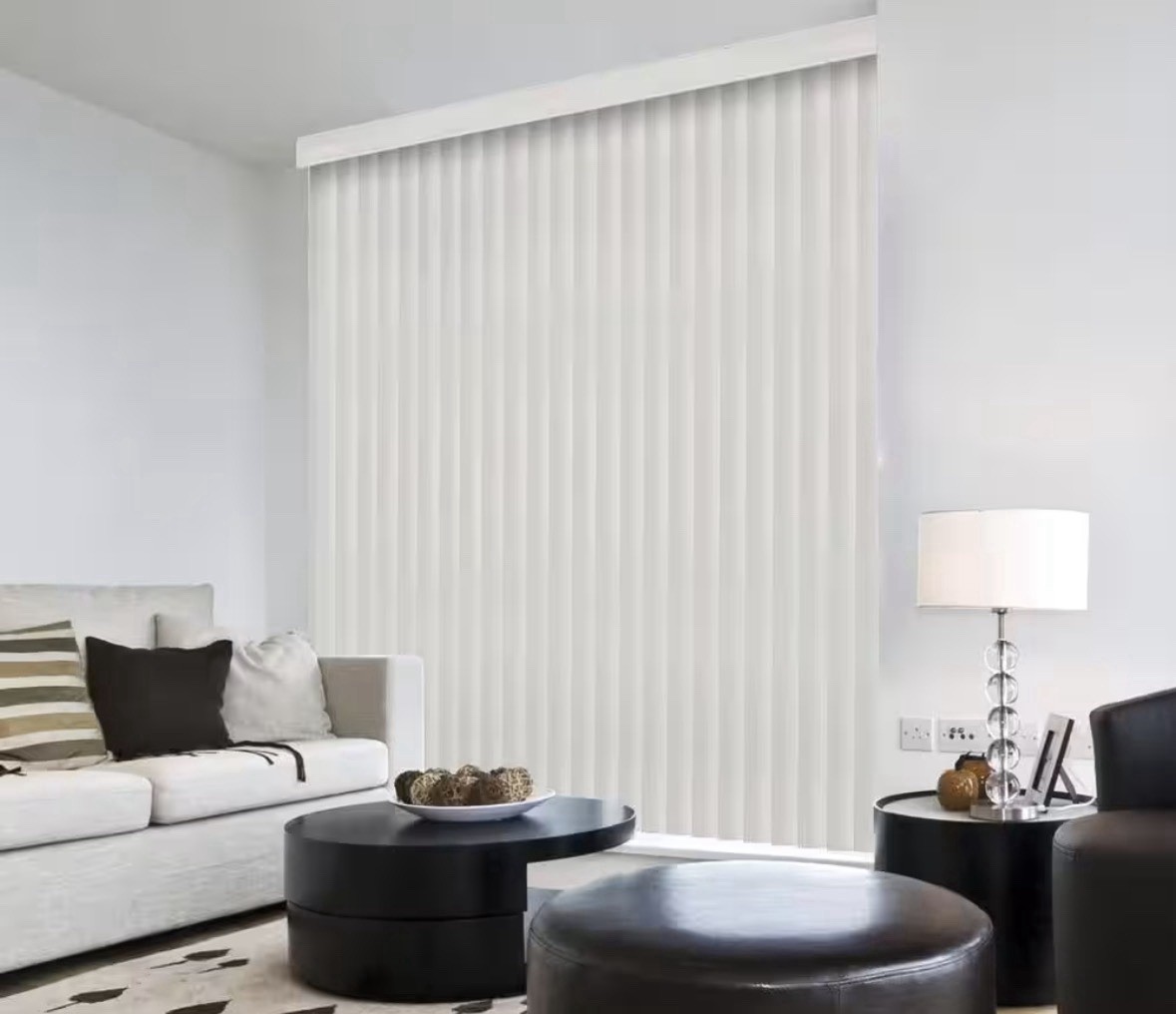 3- 9 Pack Room Darkening Vertical Louvers 3.5″W x 44.5”L Canvas Pearl White