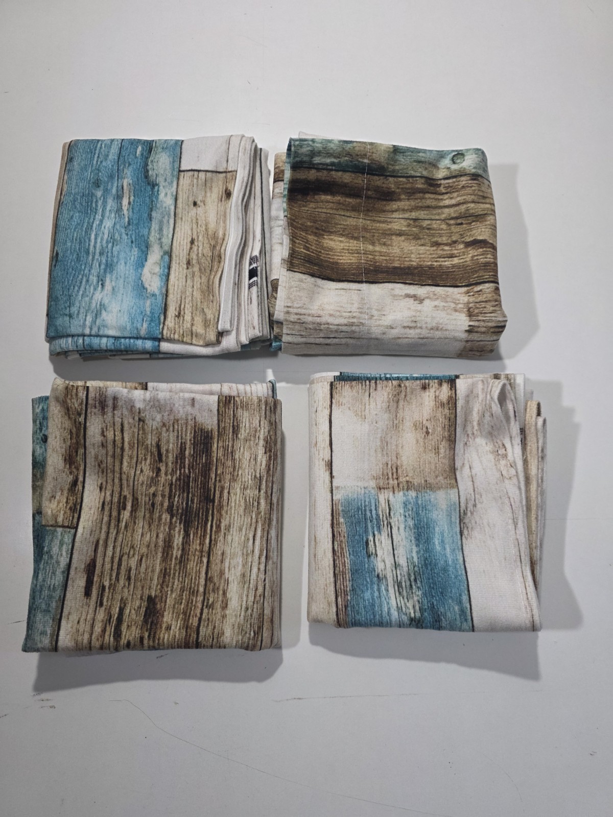 4 Panels 29X63 each Turquoise, Tan, Brown, Wood Grain Farmhouse Curtains