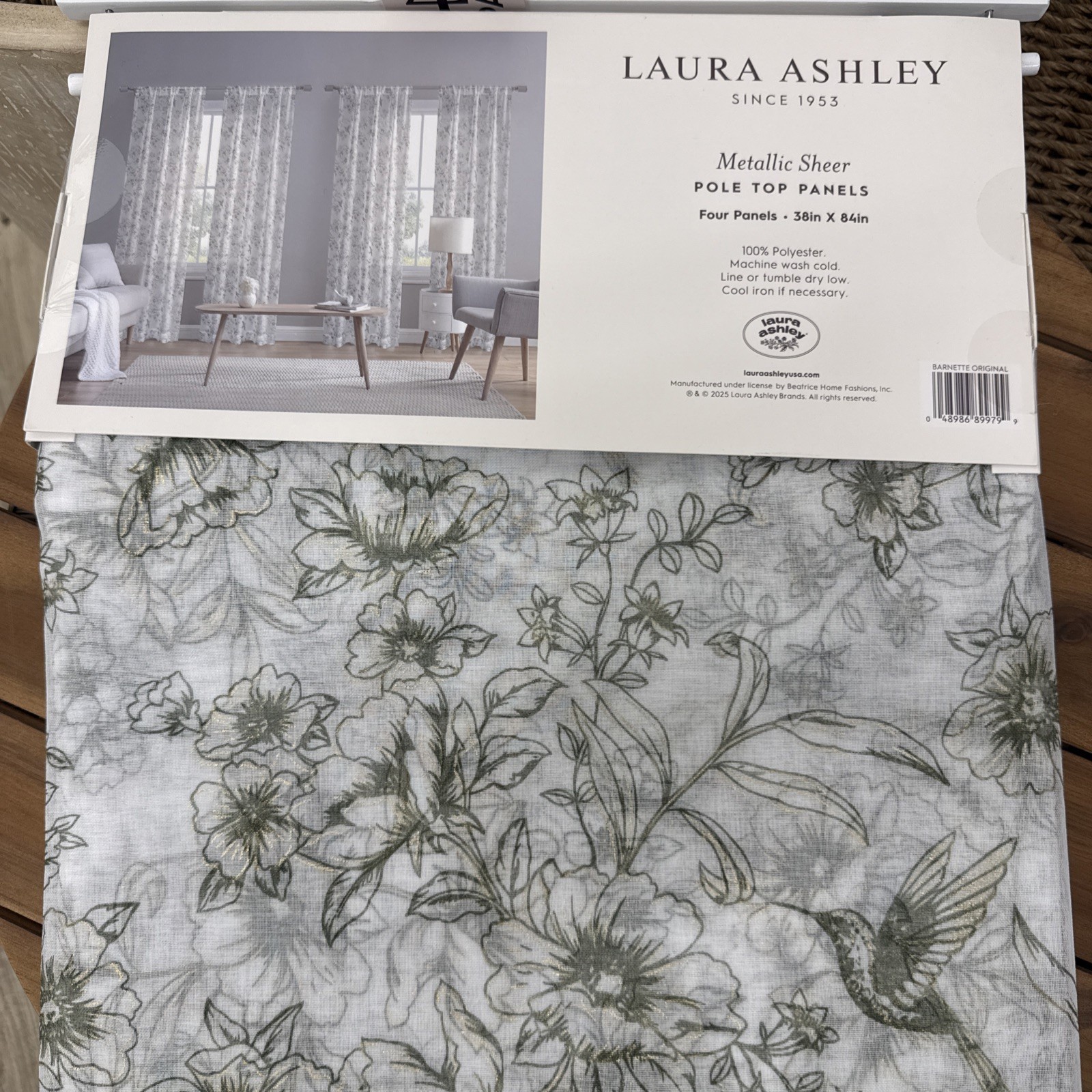 (2) Laura Ashley Hummingbird Floral Green Metallic Sheer Pole Panels 84” New~