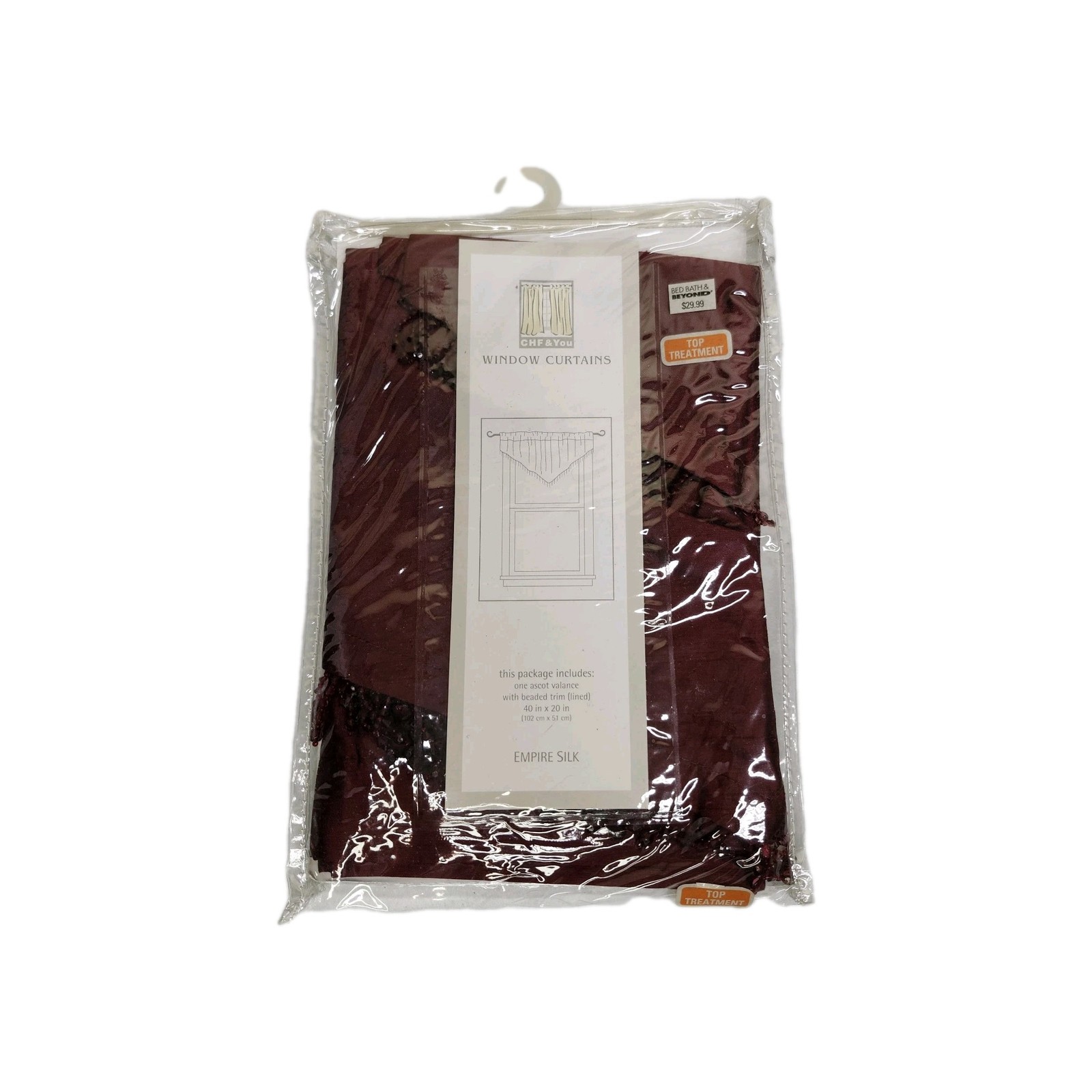 CHF & You Empire Silk Lined Ascot Valance Burgundy Beaded Trim 40″ X 20″ New