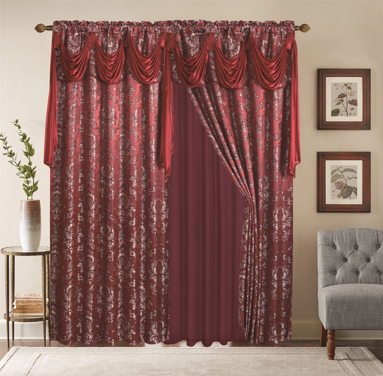 Window Curtains 2 Panel Set Luxury Red Burgundy With Valance and Sheer