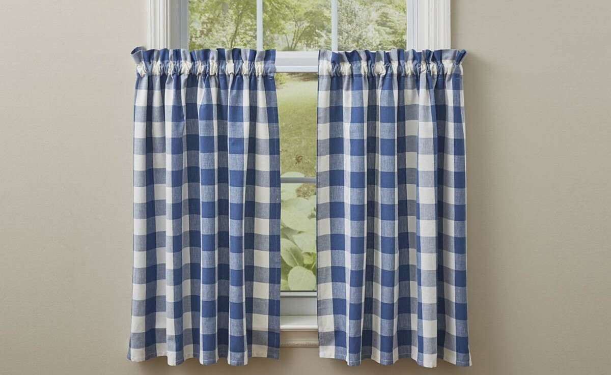 New French Country Cottage Farmhouse BLUE CHECK TIERS Cafe Curtain Panels 36″