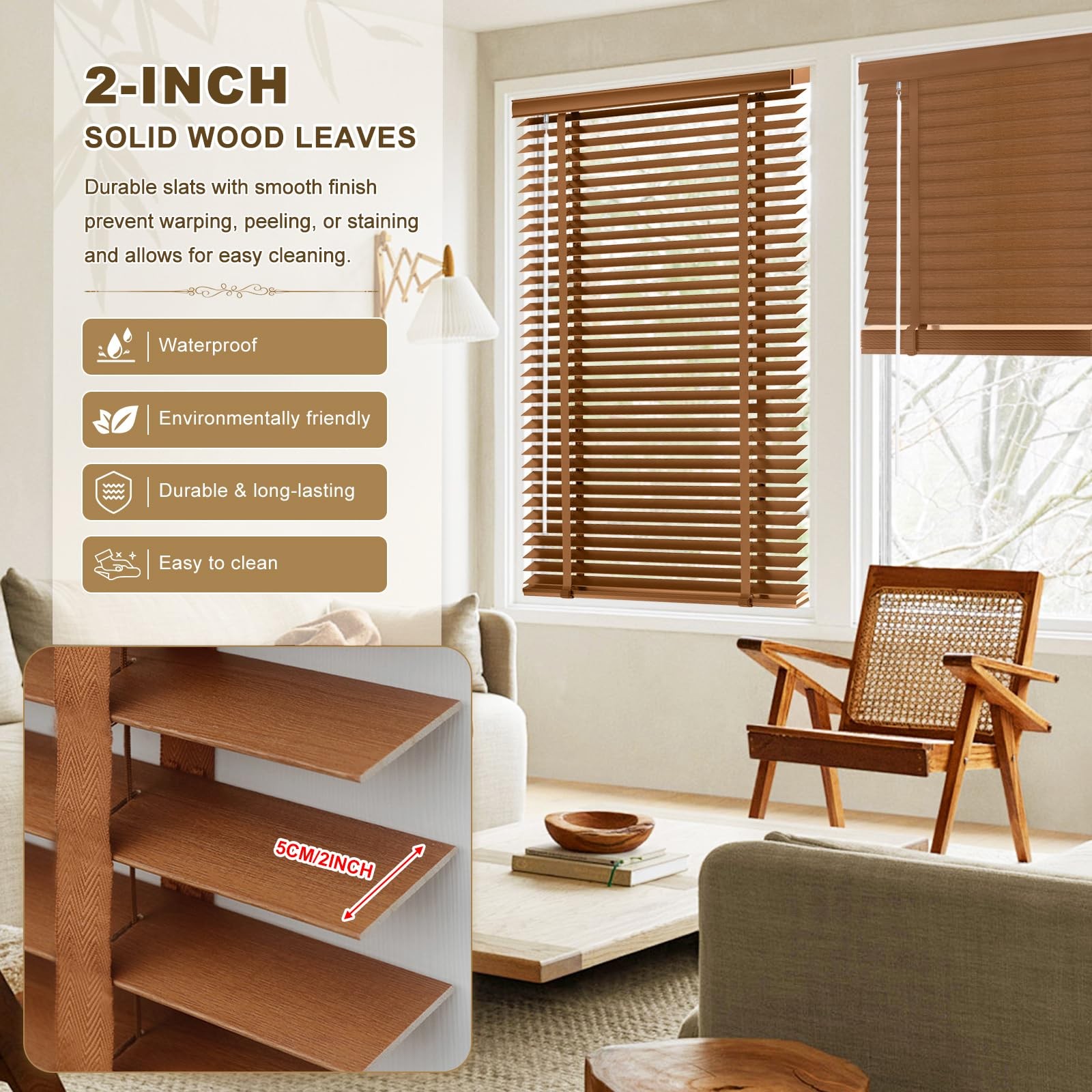 2″ Cordless Solid Wood Blinds for Indoor Window,21.5″ W x 36″ H Real Wooden B…