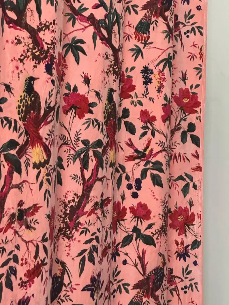 Vintage Cotton Velvet Peach Color Bird Print Luxury Curtain, Boho Curtain Drapes