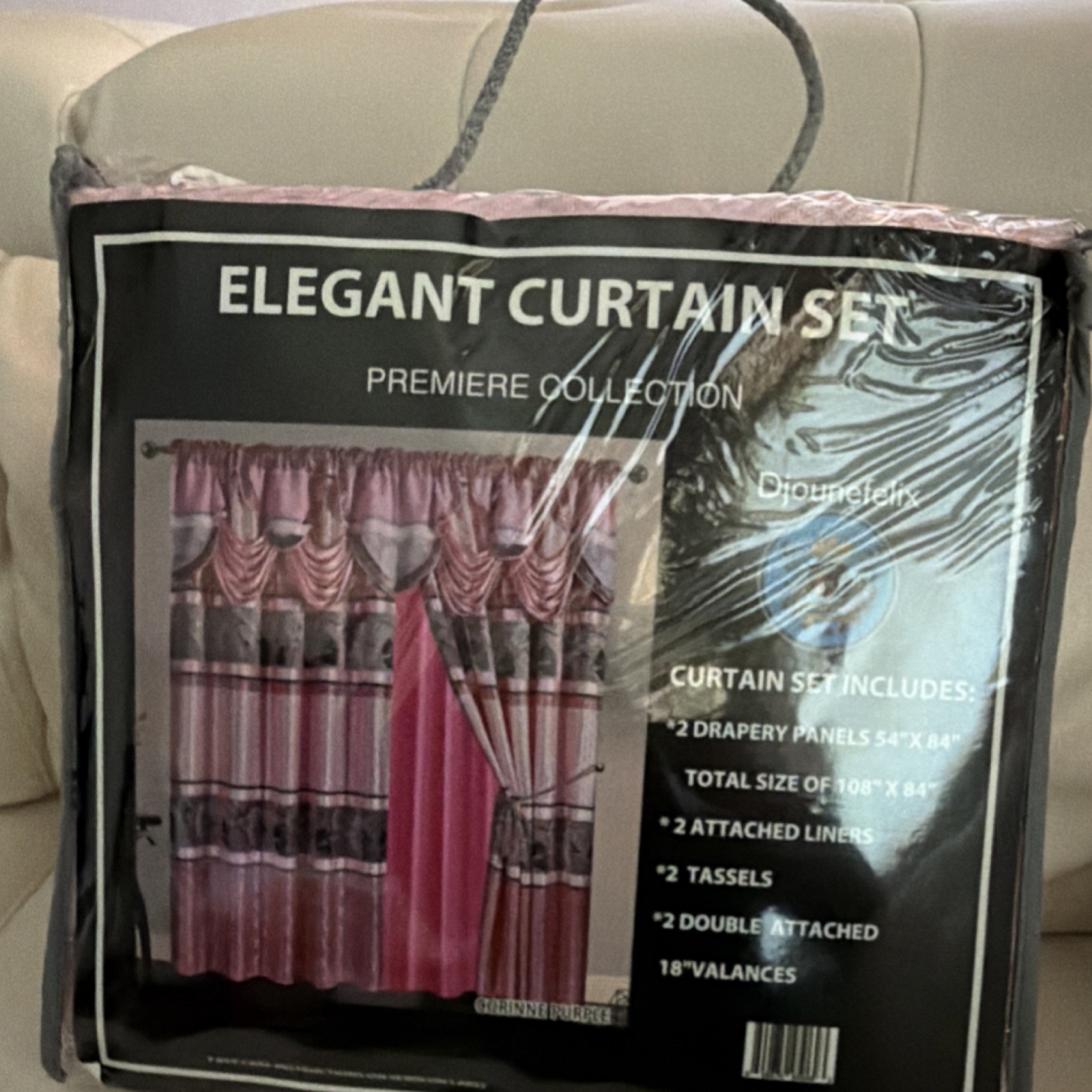 Premiere Collection Elegant Curtain Set 108×84 Pink/Gray Damask Lined Tiebacks