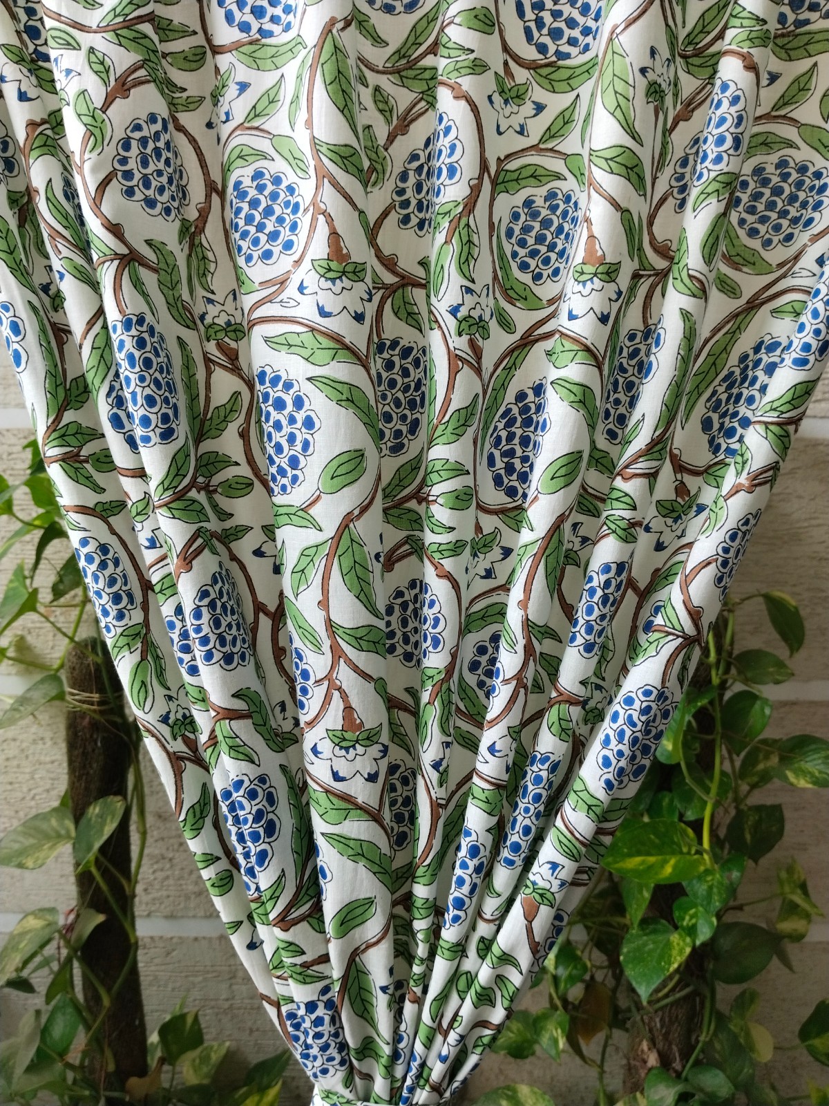 Hand Block Print Cotton Curtain Set, Blue Floral Boho Drapes