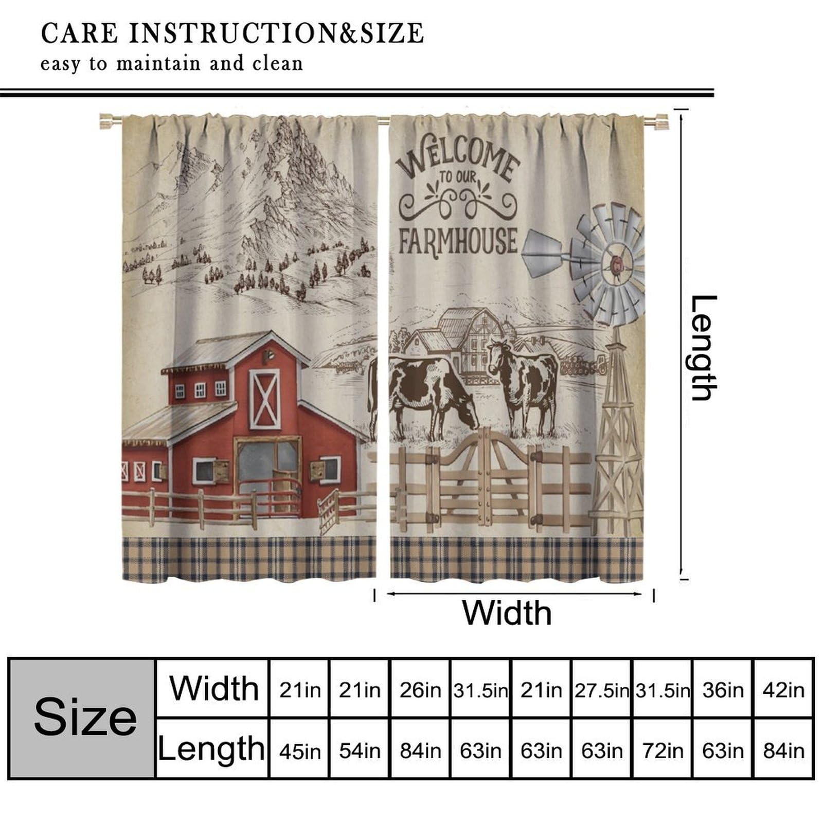 Rustic Farm Curtains, Vintage Farmhouse Cow Barn Windmill Checked Pattern Pri…