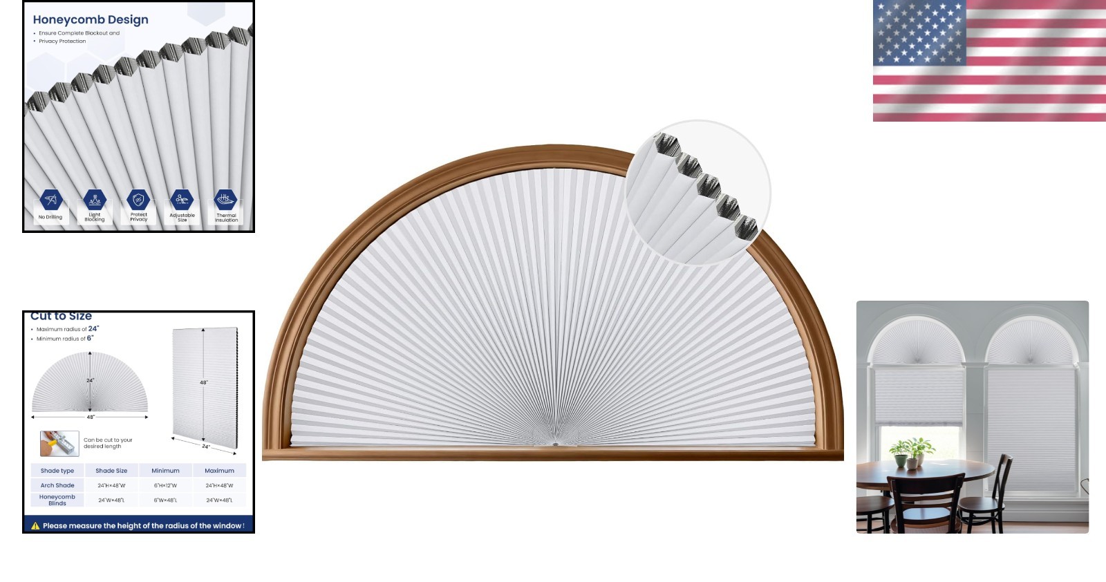 Blackout Window Shades Honeycomb Blinds for Half Circle Windows 24×48 White