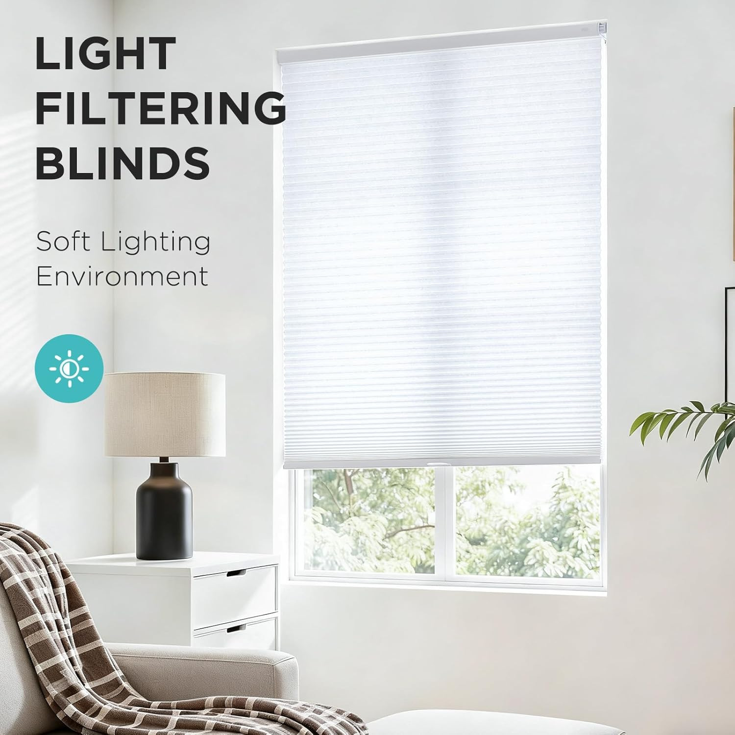 Cordless Honeycomb Shades, Light Filtering, Insulating Blinds 22″ W X 64″ H